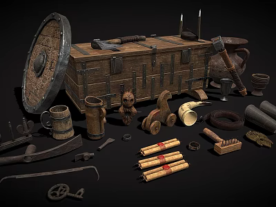 Vintage Wooden Chest Surrounded By Antique Shield Tools Pottery Jug And Scrolls 3d model