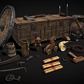 Vintage Wooden Chest Surrounded By Antique Shield Tools Pottery Jug And Scrolls
