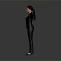 Game Film Female Character In Black Suit Orange Shirt Standing Arms Outstretched On Gray Background