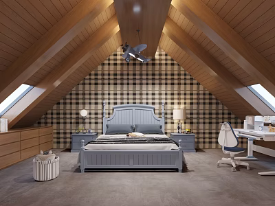 Cozy Attic Bedroom Interior Featuring Plaid Wallpaper And Wooden Ceiling 3d model