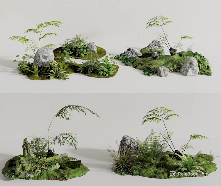 Decorative Flowers and Plants with Ferns Stones and Lush Green Foliage 3d model 