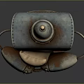 Rusty Metal Robot Sculpture With Hat Holding Pillow On Base