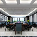 Elegant Formal Conference Room With Long Table Black Leather Chairs Large Screen And Ceiling Design