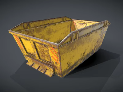 Yellow Industrial Dumpster With Rusted Surface And Worn Orange Stripes 3d model