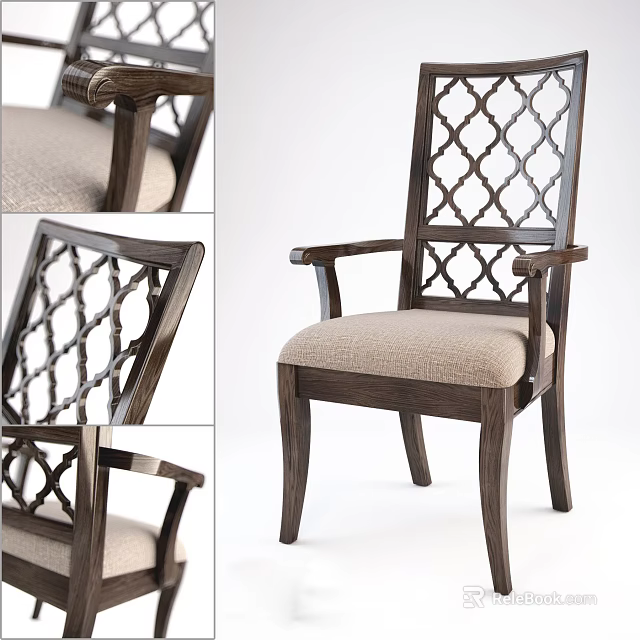 Classic Wooden Armchair With Lattice Back Design And Fabric Seat Cushion 3d model 