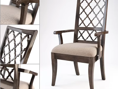 Classic Wooden Armchair With Lattice Back Design And Fabric Seat Cushion 3d model