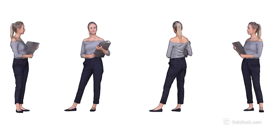 Woman in Off Shoulder Gray Top and Black Pants Holding Tablet with Ponytail Hairstyle 3d model 