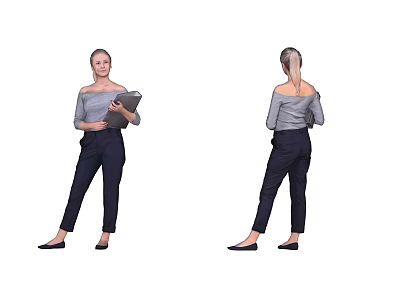 Woman in Off Shoulder Gray Top and Black Pants Holding Tablet with Ponytail Hairstyle 3d model