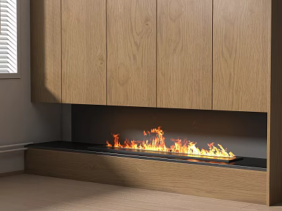 Modern Built-in Fireplace With Wooden Cabinets And Burning Flames In Interior 3d model