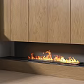 Modern Built-in Fireplace With Wooden Cabinets And Burning Flames In Interior
