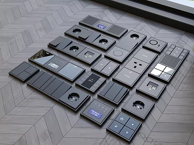 Various Black Electrical Control Panels With Modern Design On Wooden Floor 3d model