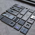 Various Black Electrical Control Panels With Modern Design On Wooden Floor