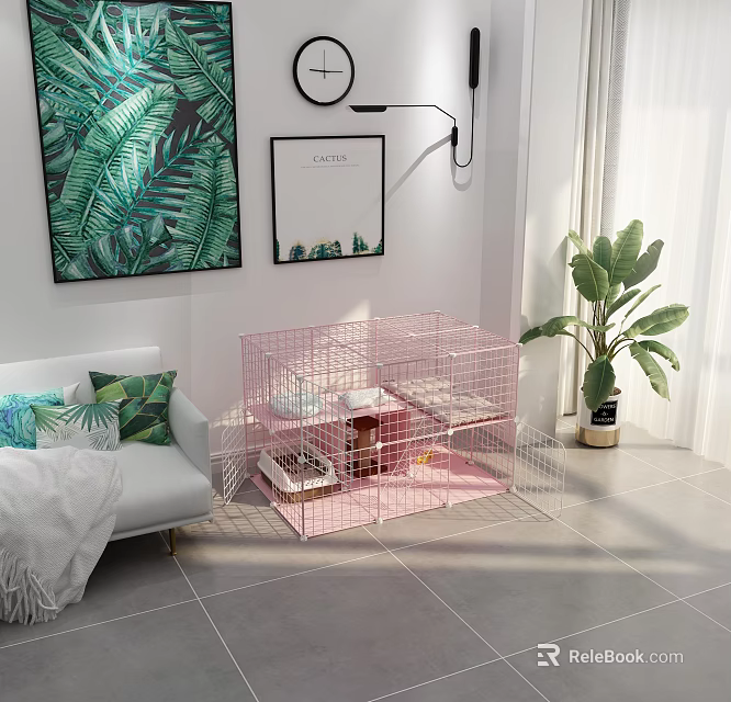 Pink Pet Cage In Cozy Indoor Scene With Sofa Green Plants And Paintings 3d model 