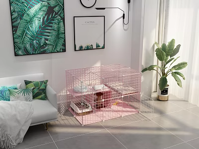 Pink Pet Cage In Cozy Indoor Scene With Sofa Green Plants And Paintings 3d model