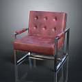 Red Leather Armchair With Button Tufted Design And Metal Frame 3d model