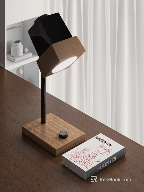 Modern Wooden Desk Lamp With Hexagonal Shade Black Metal Pole Adjustable Knob For Reading 3d model 