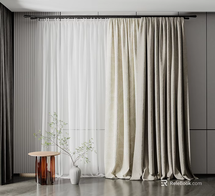 Beige Sheer And Draped Curtains In Modern Minimalist Interior With Small Table And Green Plant 3d model 