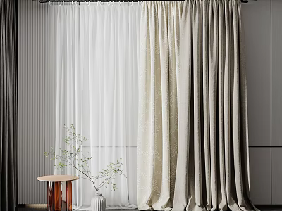 Beige Sheer And Draped Curtains In Modern Minimalist Interior With Small Table And Green Plant 3d model