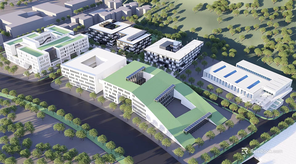 Modern Industrial Factory Plant With Green Roof Multiple Buildings And Surrounding Trees 3d model 