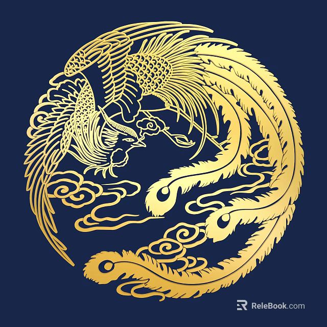 Intricate Golden Phoenix Carving With Cloud Patterns On Blue Background 3d model 