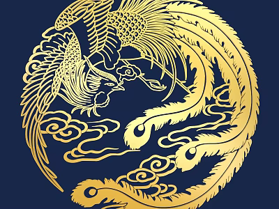 Intricate Golden Phoenix Carving With Cloud Patterns On Blue Background 3d model