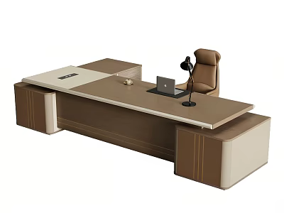 Modern Executive Office Desk With Laptop Desk Lamp And Leather Chair 3d model