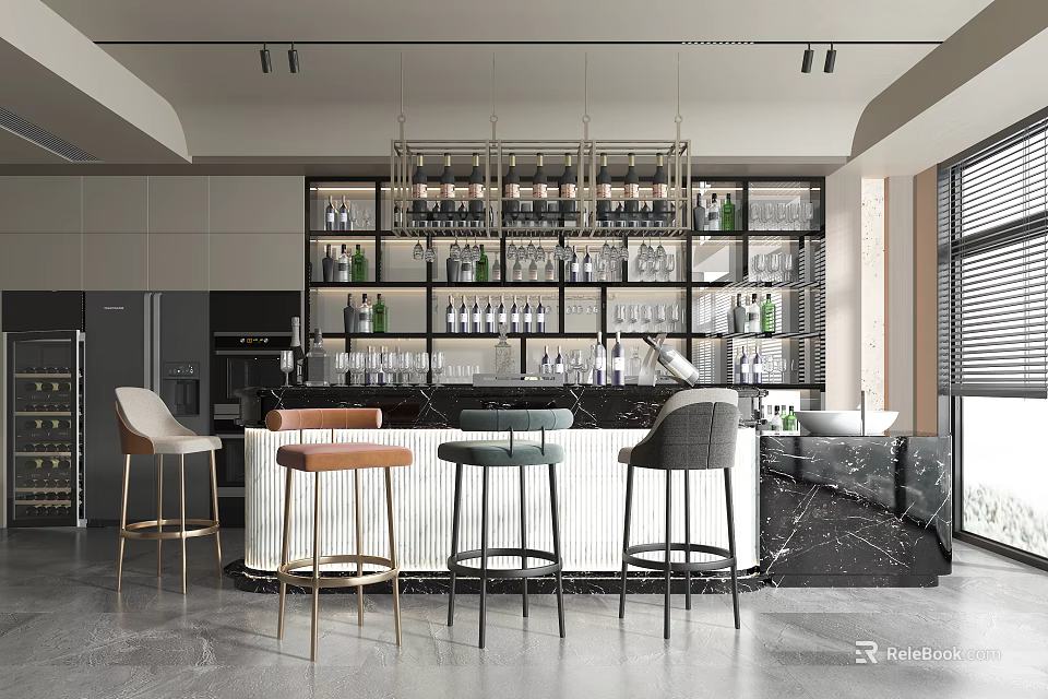 Elegant Modern Bar Counter Design With Bar Stools Wine Racks Hanging Lights And Glass Bottles 3d model 