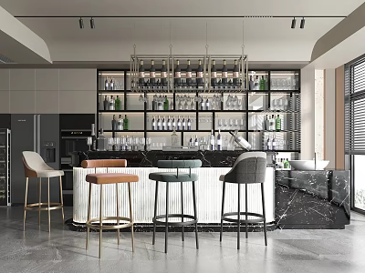 Elegant Modern Bar Counter Design With Bar Stools Wine Racks Hanging Lights And Glass Bottles 3d model