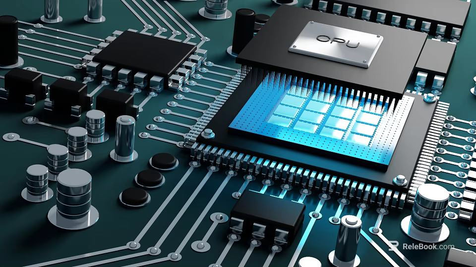 CPU Microchip On Circuit Board With Electronic Components And Blue Light 3d model 