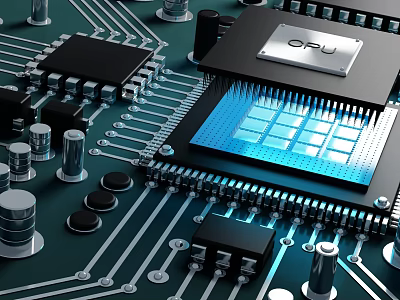 CPU Microchip On Circuit Board With Electronic Components And Blue Light 3d model