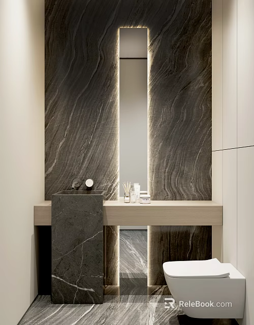 Modern Bathroom With Marble Wall Double Mirror And Light Wood Countertop Black Sink Toiletries 3d model 
