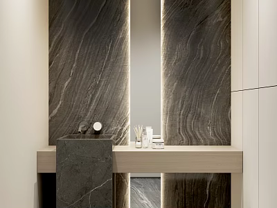 Modern Bathroom With Marble Wall Double Mirror And Light Wood Countertop Black Sink Toiletries 3d model