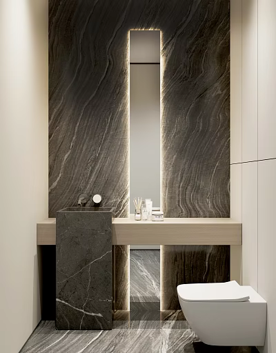 Modern Bathroom With Marble Wall Double Mirror And Light Wood Countertop Black Sink Toiletries 3d model