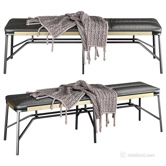 Stylish Black Leather Bench With Wooden Frame Metal Legs And Knit Blanket 3d model 