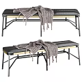 Stylish Black Leather Bench With Wooden Frame Metal Legs And Knit Blanket