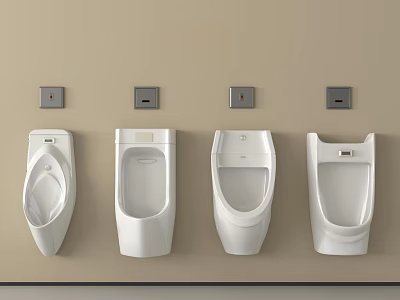 Four White Bathroom Urinals Mounted on Beige Wall with Gray Square Sensors 3d model