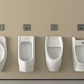 Four White Bathroom Urinals Mounted on Beige Wall with Gray Square Sensors
