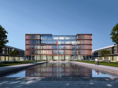 Modern Office Building With Glass Curtain Walls Front Water Pool Surrounding Greenery and Pedestrians 3d model