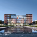 Modern Office Building With Glass Curtain Walls Front Water Pool Surrounding Greenery and Pedestrians