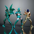 Mythical Characters In Green And Gold Armor With Winged Creature Designs