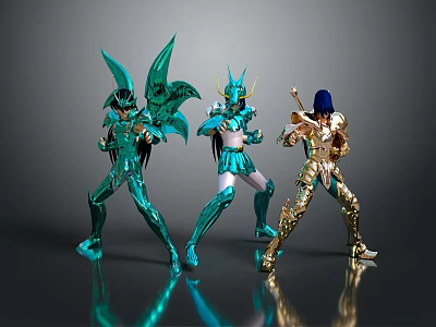 Mythical Characters In Green And Gold Armor With Winged Creature Designs 3d model