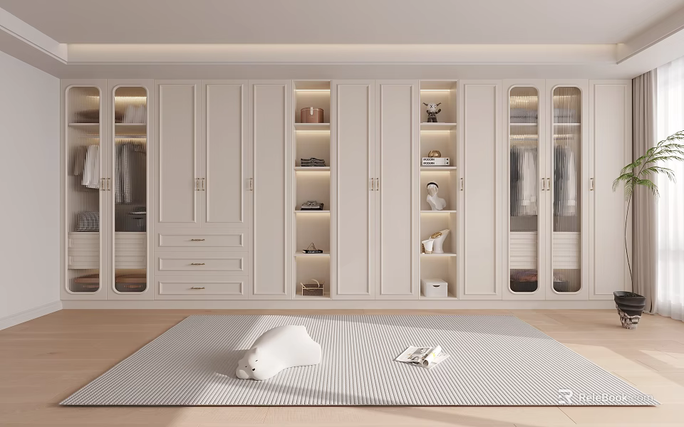 Modern White Wardrobe Interior Design With Glass Doors Drawers And Display Shelves 3d model 