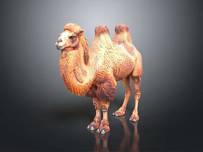 Realistic Brown Two Humped Camel Figure Standing On Black Reflective Background 3d model