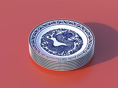 Blue And White Dragon Pattern Stacked Plates Dinnerware Set On Red Background 3d model
