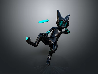 Black Cartoon Cat Like Robot With Glowing Blue Elements Kicking Frisbee On Gray Background 3d model