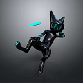 Black Cartoon Cat Like Robot With Glowing Blue Elements Kicking Frisbee On Gray Background 3d model