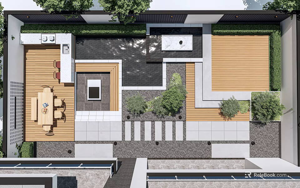 Courtyard Garden Design Featuring Wooden Deck Dining Table Stone Path and Lush Plants 3d model 