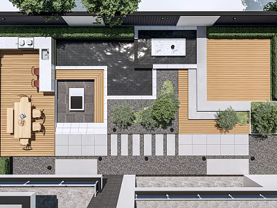 Courtyard Garden Design Featuring Wooden Deck Dining Table Stone Path and Lush Plants 3d model