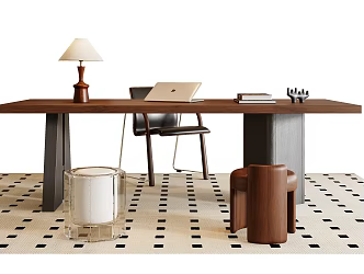 Middle Style Desk and Chair Combination Modern Desk and Chair Acrylic Stool Middle Style Table Lamp Low Stool 3d model