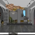 Modern Boutique Store Interior With Arched Doorways Decorative Flowers Cactus Plants And Circular Painting